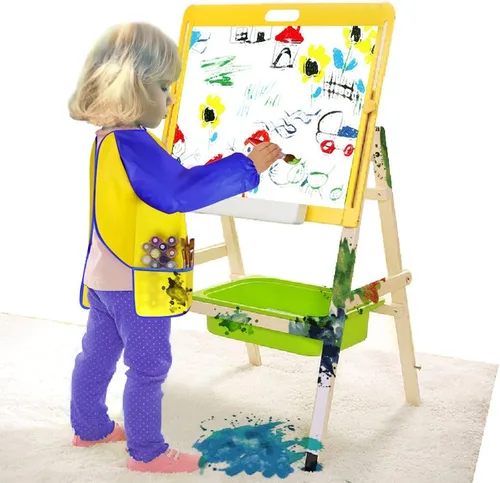 Vista 7 de KUUQA Delantales de arte para niños impermeables con 3 bolsillos espaciosos, suministros de pintura (pinturas y pinceles no incluidos)