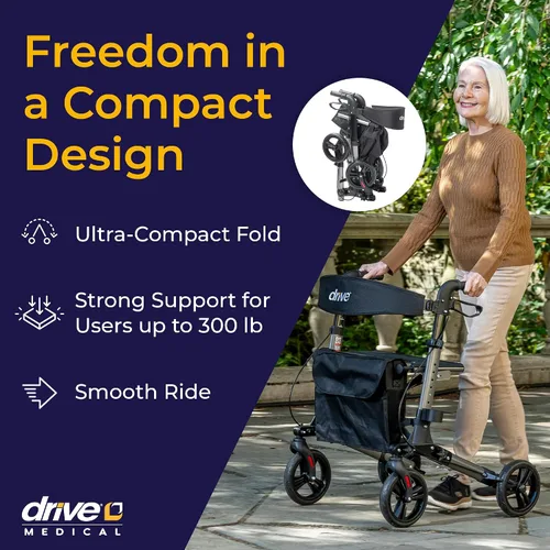 Vista 2 de Drive Medical Andador compacto plegable - Andador plegable liviano para personas mayores, andador de 4 ruedas con asiento y frenos, andador de viaje