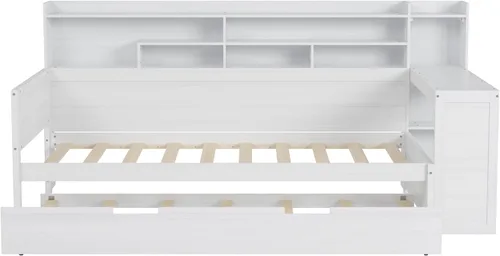 Vista 9 de Polibi Cama diurna de madera tamaño twin con estantes de almacenamiento, escritorio integrado y cama nido tamaño twin, cama multifuncional