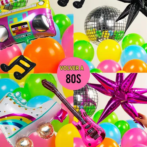 Vista 6 de Kit de arco de guirnalda de globos con temática musical de los años 80, 160 piezas con guitarra, bola de discoteca, nota musical, globo de mylar