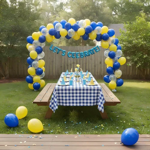 Vista 4 de Globos azul marino y amarillo de 12 pulgadas, globos de confeti azul marino y amarillo para decoraciones de fiesta de cumpleaños