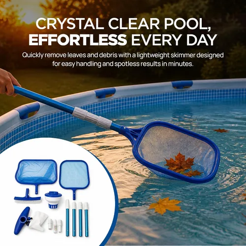 Vista 7 de FibroPool Kit de mantenimiento de piscina sobre el suelo – Poste telescópico, red desnatadora de hojas, cabezal de vacío, cepillo de piscina
