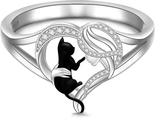 Vista 11 de Anillos de gato negro para mujer, diseño de árbol de la vida, joyería de Plateado