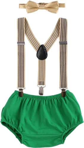 Vista 13 de Conjunto de ropa para festejar el primer cumpleaños de bebés, calzón pañalero con tirantes y corbata de moño. Beige & Blue