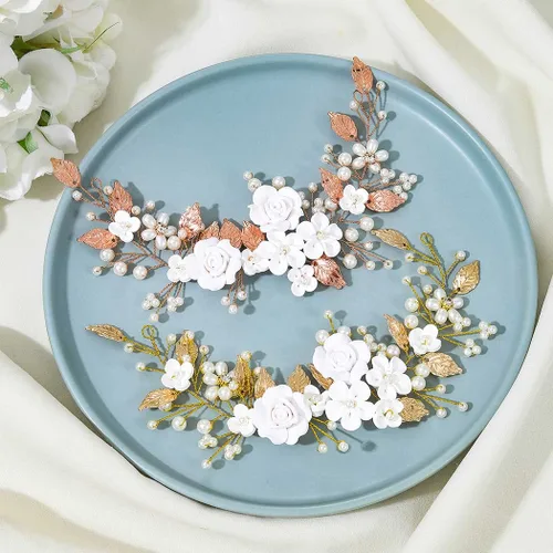 Vista 8 de Unicra Flor novia pelo vid perla pieza de pelo nupcial hoja accesorios para el pelo diadema de diamantes de imitación para mujeres y niñas (dorado)