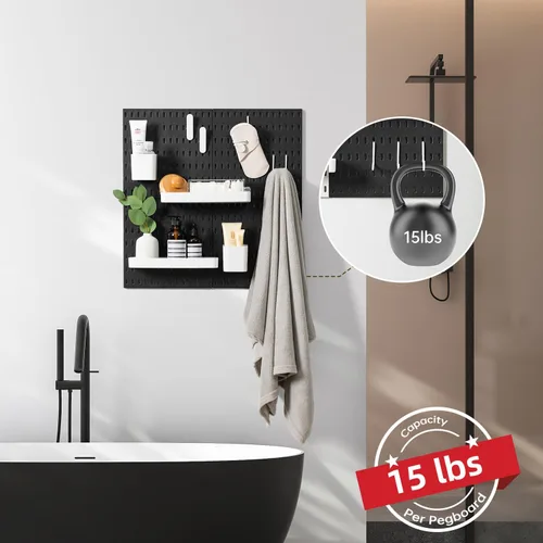 Vista 6 de VUSIGN Pegboard Combination Wall Organizer Kit 22" x 22", Black 4 piezas de tableros de clavijas y 17 accesorios, kit de panel de clavijas de negro