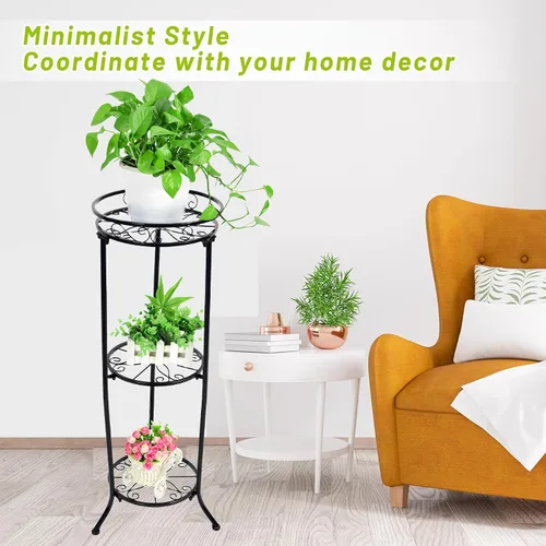 Vista 3 de FAMZ Soporte para plantas para interiores y exteriores, 3 niveles de alto, soportes de metal negro para plantas, estante redondo de 35 pulgadas