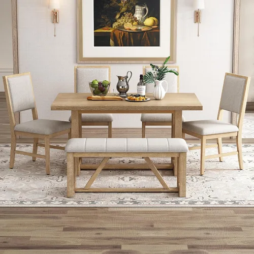 Vista 32 de Juego de mesa de comedor rústica de 6 piezas con mesa rectangular de caballete y 4 sillas tapizadas y banco, juego de mesa de comedor de cocina