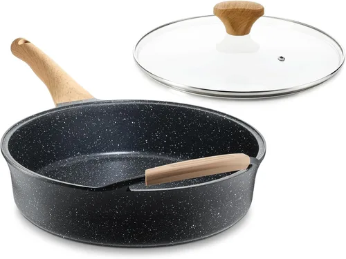 Vista 10 de Sartén antiadherente profunda con tapa, sartén con revestimiento de granito suizo de 3.5 cuartos de galón, sartén antiadherente saludable de 10