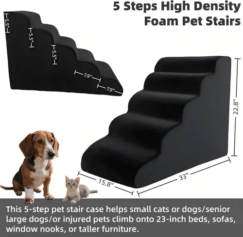Vista 2 de Rampa de escaleras para mascotas de 5 escalones para sofás de cama alta de 23 a 30 pulgadas con almohadillas resistentes antideslizantes e