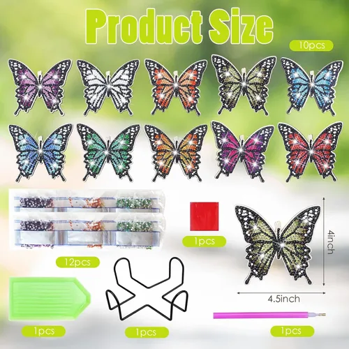 Vista 2 de Kit de 10 posavasos de pintura de diamantes de mariposa con soporte para principiantes, adultos y niños, suministros de arte de primavera para regalo