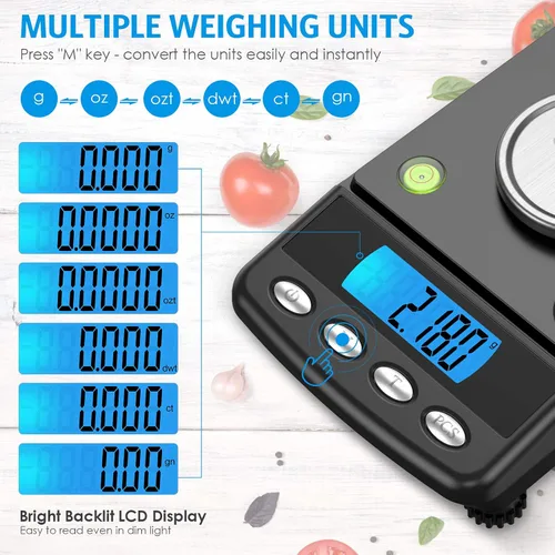 Vista 3 de AMIR Báscula digital de miligramo de 0.71 oz/0.00 oz, báscula electrónica de precisión con 6 unidades, USB y alimentada por batería, tara, pesas