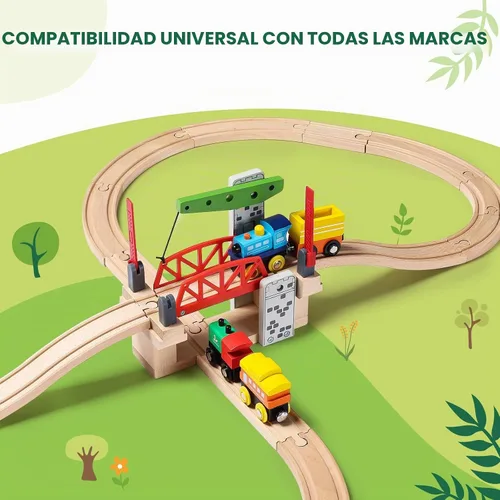 Vista 2 de SainSmart Jr. Juego de accesorios de tren de madera, puente de elevación movible con riel para niños, compatible con Thomas, Brio, Chuggington