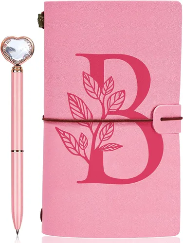 Vista 12 de Diario personalizado para regalo, diario de cuero con inicial rosa + juego de bolígrafo de corazón de diamante, cuaderno de viaje, bloc de notas