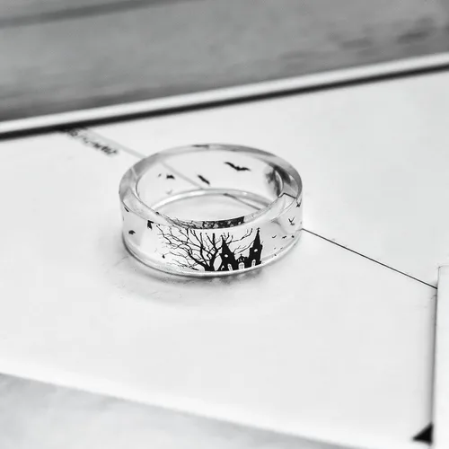 Vista 4 de JAJAFOOK 0315in resina acrílica transparente madera blanco y negro murciélago lápida estilo banda DIY anillo