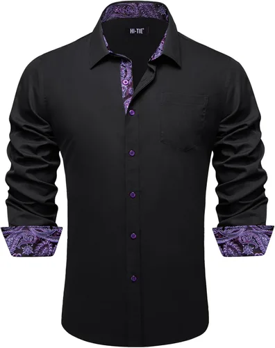 Vista 16 de Hi-Tie Camisa de manga larga jacquard con contraste interior sin arrugas para hombre