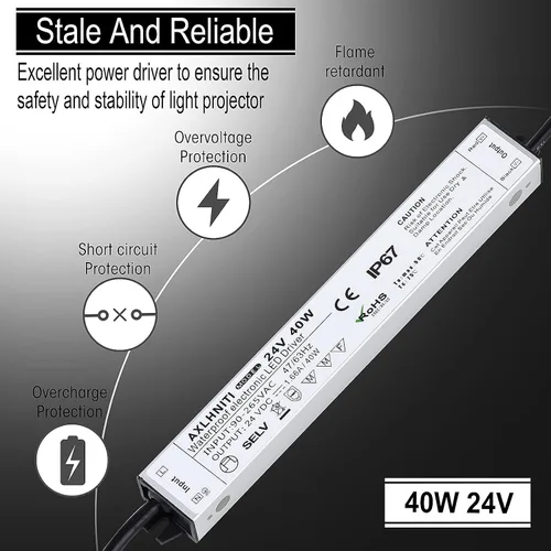 Vista 2 de Controlador LED 40W 24V, fuente de alimentación impermeable IP67, transformador con enchufe de 3 clavijas Cable de 3.3 pies para luces de tira