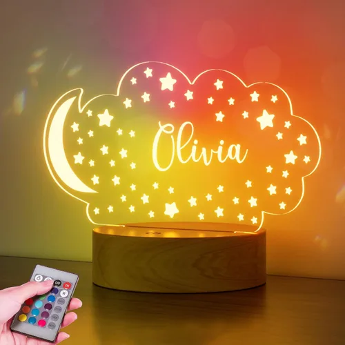 Vista 6 de Luz de noche personalizada con nombre de bebé para niños, niñas, niños, decoración de guardería con estrellas y nubes de acrílico - Incluye control