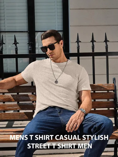 Vista 4 de PLEPAN Camiseta casual para hombre, cuello redondo, manga corta, para verano, playa, malla, punto gofre, tejido pesado, suave, para hombre