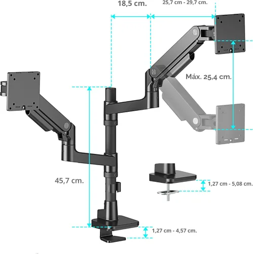 Vista 9 de ARES WING Soporte de escritorio con brazo de doble monitor para monitores ultraanchos de 17 a 49 pulgadas, soporte de monitor doble resistente