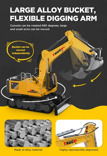 Vista 4 de KIDMARKT Juguete grande de excavadora de control remoto de 21 pulgadas con cubo de metal y hoja topadora, juguetes de excavadora RC de 15 canales
