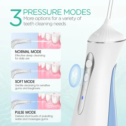 Vista 4 de Irrigador dental de agua para dientes inalámbrico, recargable eléctrico para limpieza de dientes y hilo dental, irrigador oral portátil 3 modos e