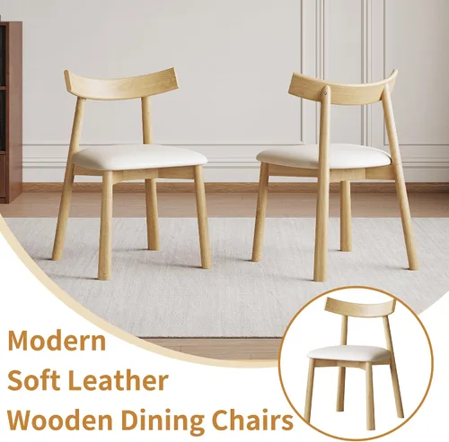 Vista 3 de Juego de 2 sillas de comedor ergonómicas sin brazos con cojines de cuero grueso y respaldo curvado, sillas de madera para sala de estar, cocina