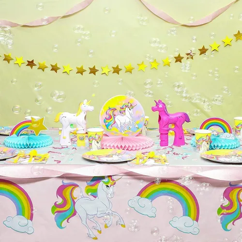 Vista 2 de BLUE PANDA Manteles de unicornio – Paquete de 3, 54 x 108 pulgadas, desechables de plástico rectangular rosa y blanco, decoración de cumpleaños