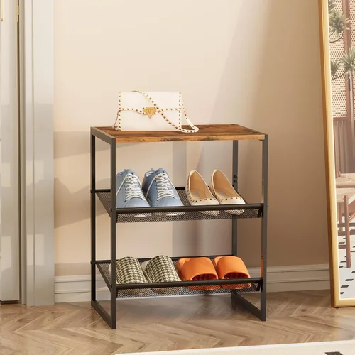 Vista 5 de Garden 4 you Zapatero estrecho de 3 niveles para armario, zapatero pequeño con mesa de madera marrón, estante de zapatos de metal ajustable
