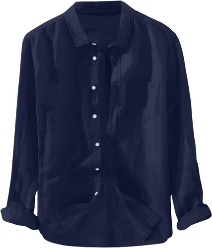 Vista 12 de Camisa de lino para hombre, manga larga, cómoda, abotonada, lisa, ligera, holgada, con bolsillos