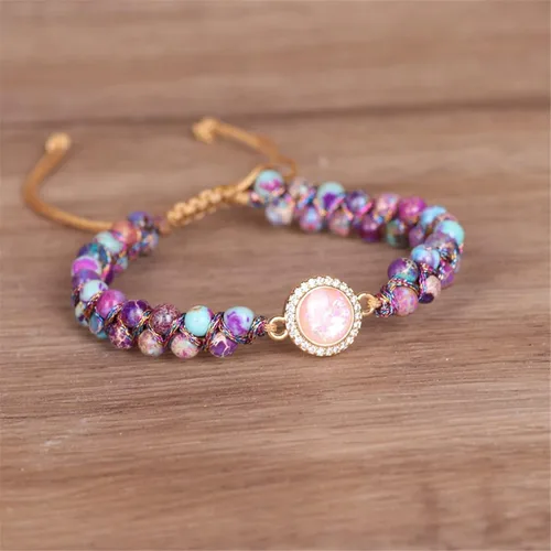 Vista 2 de Pulsera de cuerda trenzada con cuentas de piedra natural púrpura en capas, ajustable, curación, chakras, yoga, meditación, para mujeres y hombres