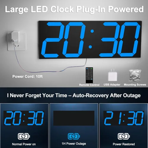 Vista 8 de CHKOSDA 18.7 Inch Large Digital Wall Clock with GPS Auto-Sync Time - Blue 164ft Visibility, No Wi-Fi, 8-Level Dimming, Timer, Remote