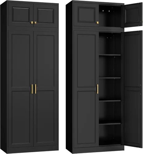 Vista 11 de SteeLoong - Armario de despensa de cocina, armario de almacenamiento de metal negro de 71" con puertas y 4 estantes ajustables, gabinete de cocina