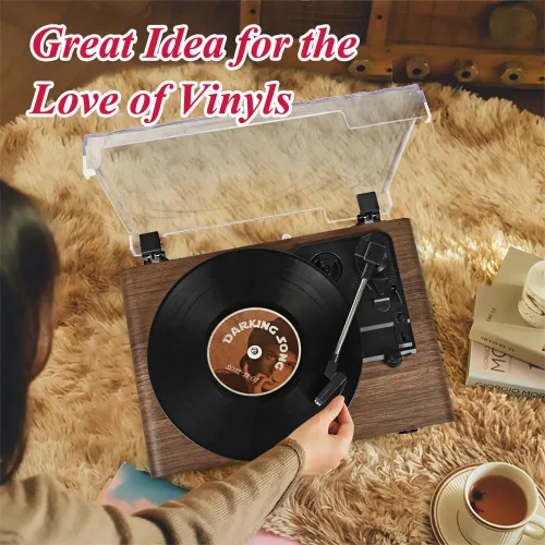 Vista 7 de Reproductor de discos de vinilo con altavoces, tocadiscos de 3 velocidades con Bluetooth, Aux, conector para auriculares, salida RCA y parada
