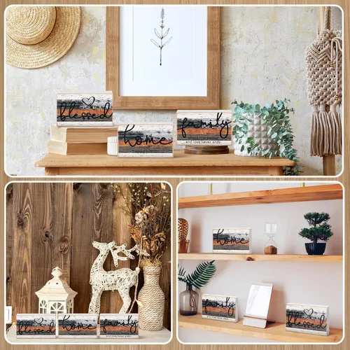 Vista 6 de Jetec 3 piezas de letrero de hogar familiar bendecido en madera rústica, letrero decorativo mini en forma de corazón, decoración en madera