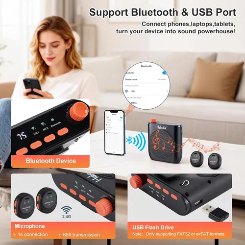 Vista 6 de HAKUTA - Amplificador de voz inalámbrico para profesores, altavoz Bluetooth portátil with Magnetic Lavalier Microphone&2 Mic,Magnetic Dock with