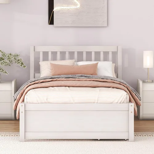 Vista 5 de HomSof Cama de plataforma de madera de diseño moderno con cabecero y 2 cajones, color blanco