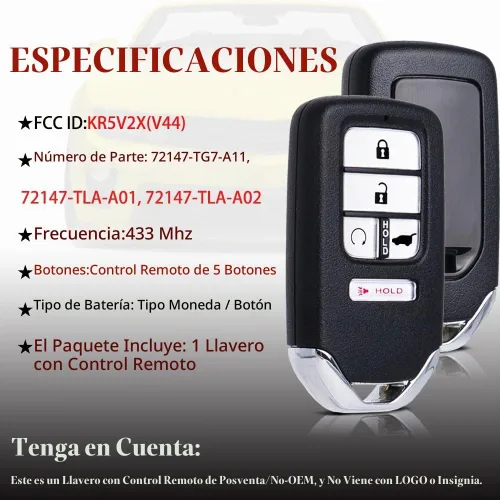Vista 5 de MechanMagic - Funda de llave de repuesto para control remoto de Honda Civic 2018-2021/CR-V 2017-2022/Pilot 2016-2021 KR5V2X(V44) Smart Proximity