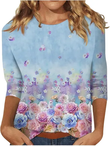 Vista 82 de Camisetas personalizadas para mujer, a la moda, casual, de séptima manga, estampada, cuello redondo, camiseta