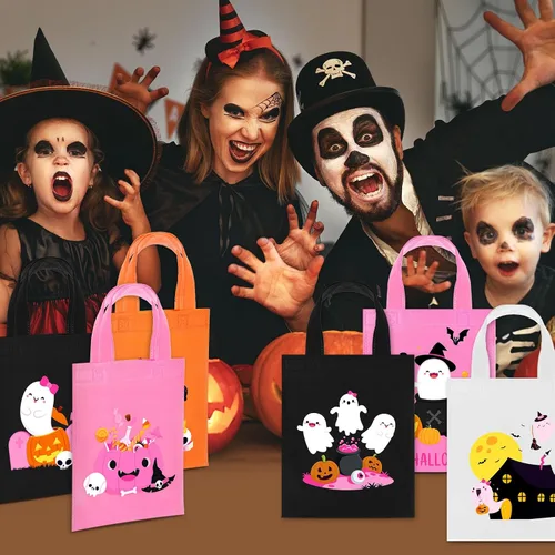 Vista 6 de Toulite 24 bolsas no tejidas de Halloween con asa a granel, bolsas reutilizables de regalo de vacaciones, fantasma, calabaza, araña, golosinas