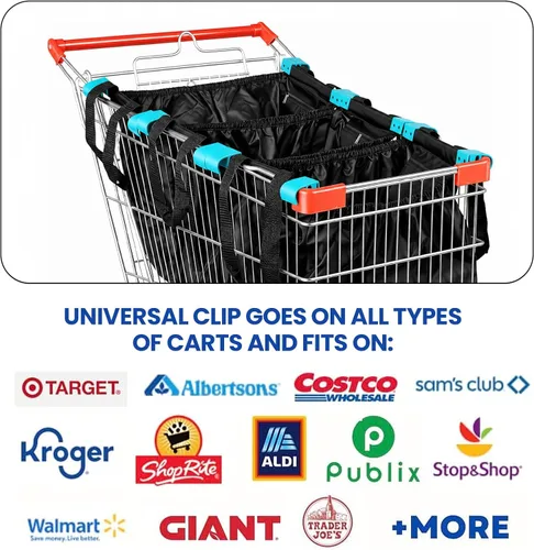 Vista 5 de Handy Sandy Paquete de 3 bolsas de compras reutilizables, bolsas resistentes para carrito de comestibles con clip universal, bolsas plegables