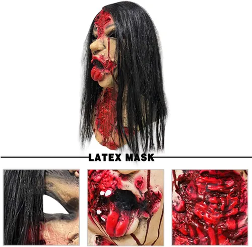 Vista 6 de Pigmiss Máscara de zombi con pelucas, espeluznante y sangrienta, realista, máscara de fantasma, disfraces de Halloween, accesorios de cosplay