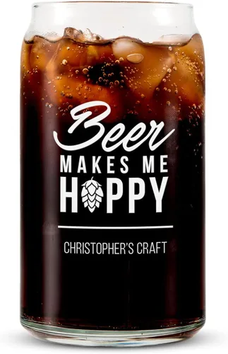 Vista 2 de WEDDINGSTAR Vaso de cerveza personalizado en forma de lata de 16 oz - Beer Makes Me Hoppy Print