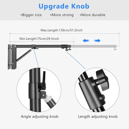 Vista 4 de Anillo de luz de pared con base triangular, 51 pulgadas/51.2 in de longitud, soporte ajustable de rotación flexible de 180°, brazo de brazo