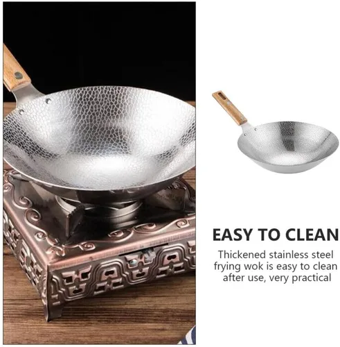 Vista 2 de Luxshiny Wok de acero inoxidable de 13.38 pulgadas con mango de madera, sartén de cocina para el hogar para freír vapor y olla caliente utensilios