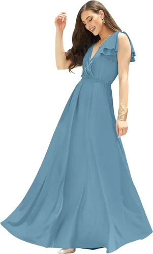 Vista 9 de KOH KOH Vestido largo maxi para mujer 2025 con cuello en V, sin mangas, con volantes, para dama de honor, baile de graduación Negro