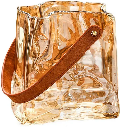 Vista 9 de Jarrón de cristal para flores, jarrones transparentes para centros de mesa, florero de bolsa con mango de cuero para decoración de bodas