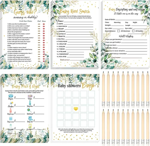 Vista 39 de Yinder 145 tarjetas de actividades para juegos de baby shower con 20 lápices, incluye descripción de bingo para bebés y deseos, adivina quién es