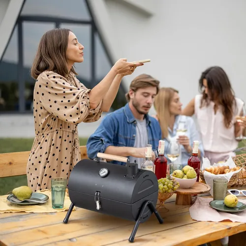 Vista 7 de Parrilla de carbón portátil para barbacoa al aire libre con termómetro