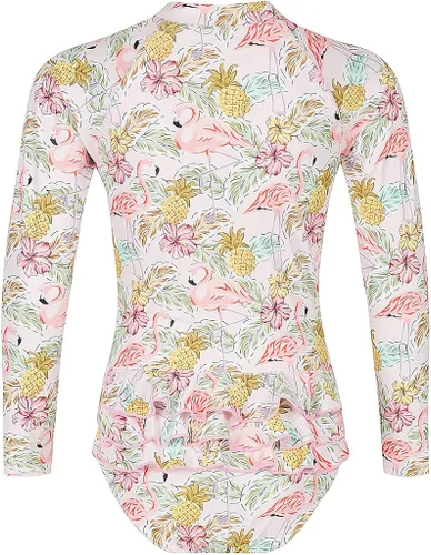 Vista 2 de Tame the Sun Traje de baño de manga larga para niñas, UPF 50+, edades de 3 a 14 años, con volantes, traje de baño de una pieza para niñas